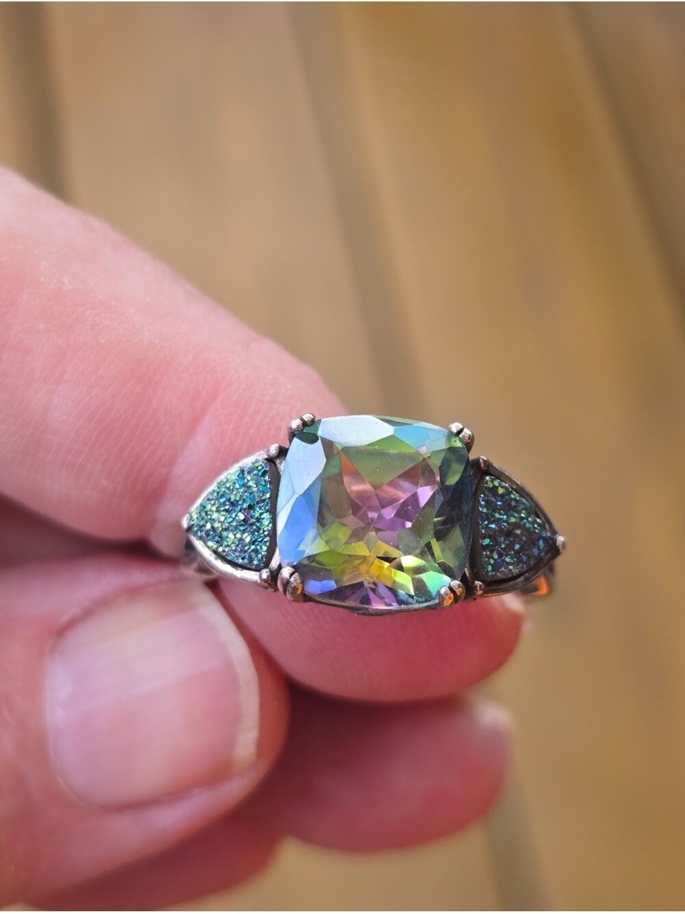 Vintage Sterling Silver Mystic Topaz & Druzy Quartz Statement Ring - Size 10 - Picture 8 of 12